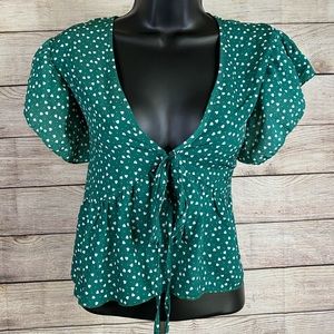 SHEIN Green W/ White Hearts Blouse Shirt Large